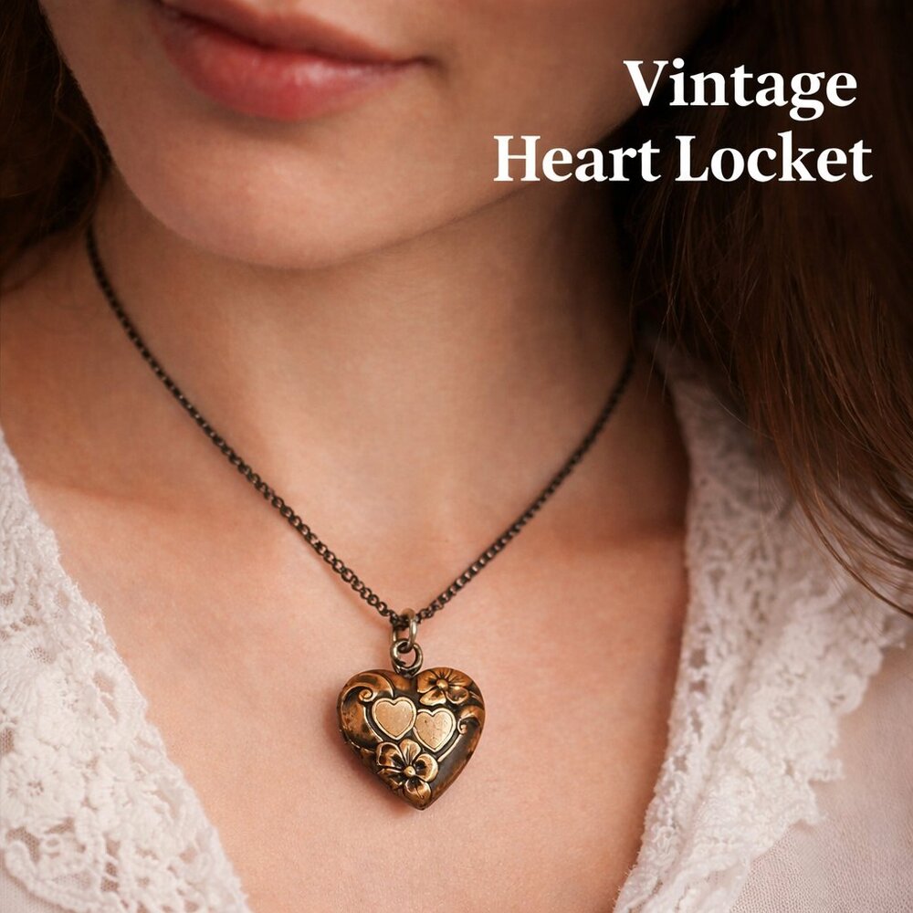 Antique Gold Floral & Heart Locket Charm